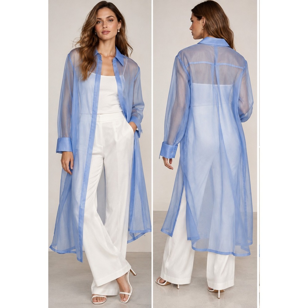 Dana Buchman 100% Silk Sheer Duster Longline Shirt Blue Sz 12 NWT $398 Layers